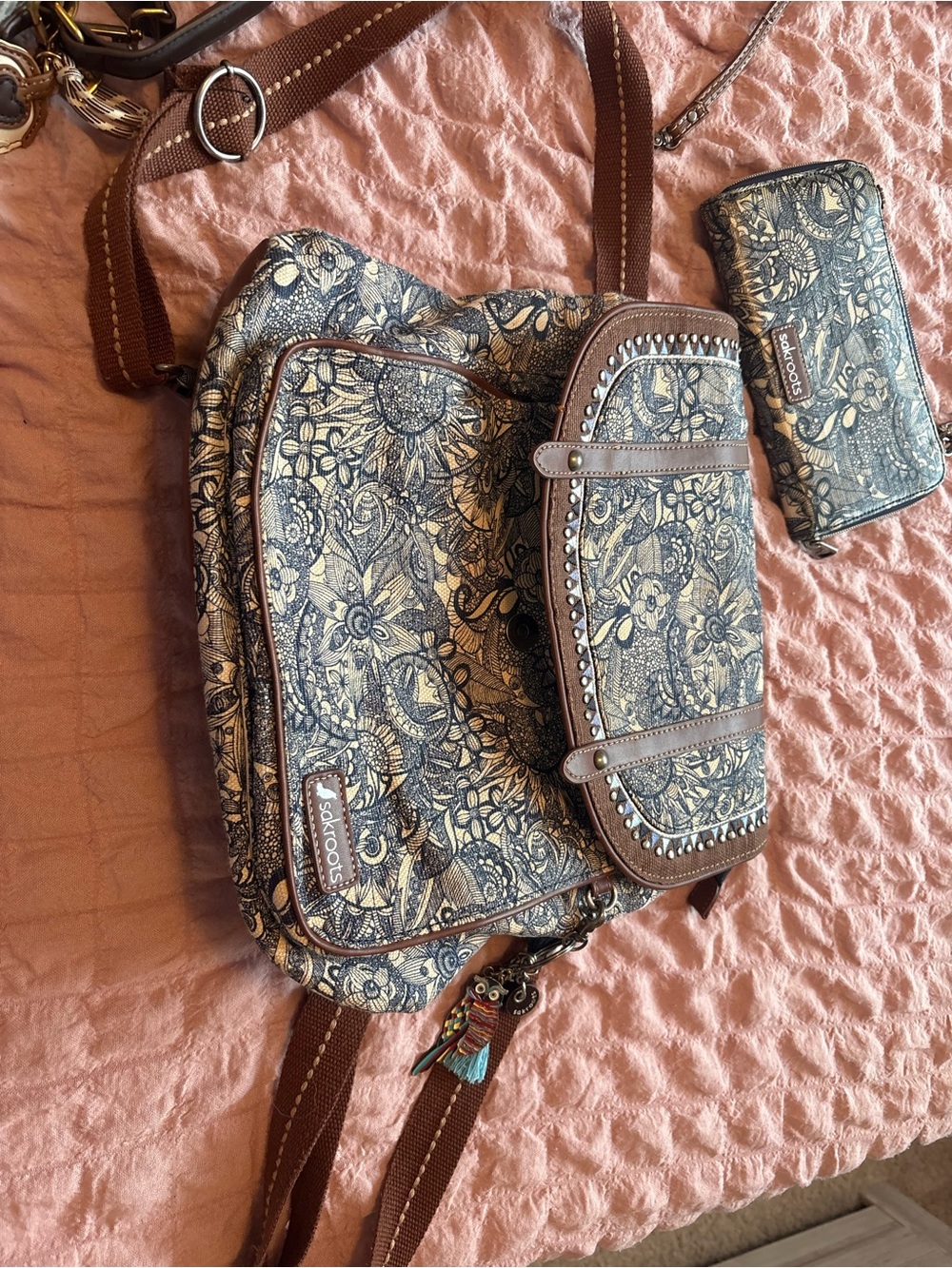 Sakroots Blue Floral Crossbody with Brown Trim - Picture 2 of 5